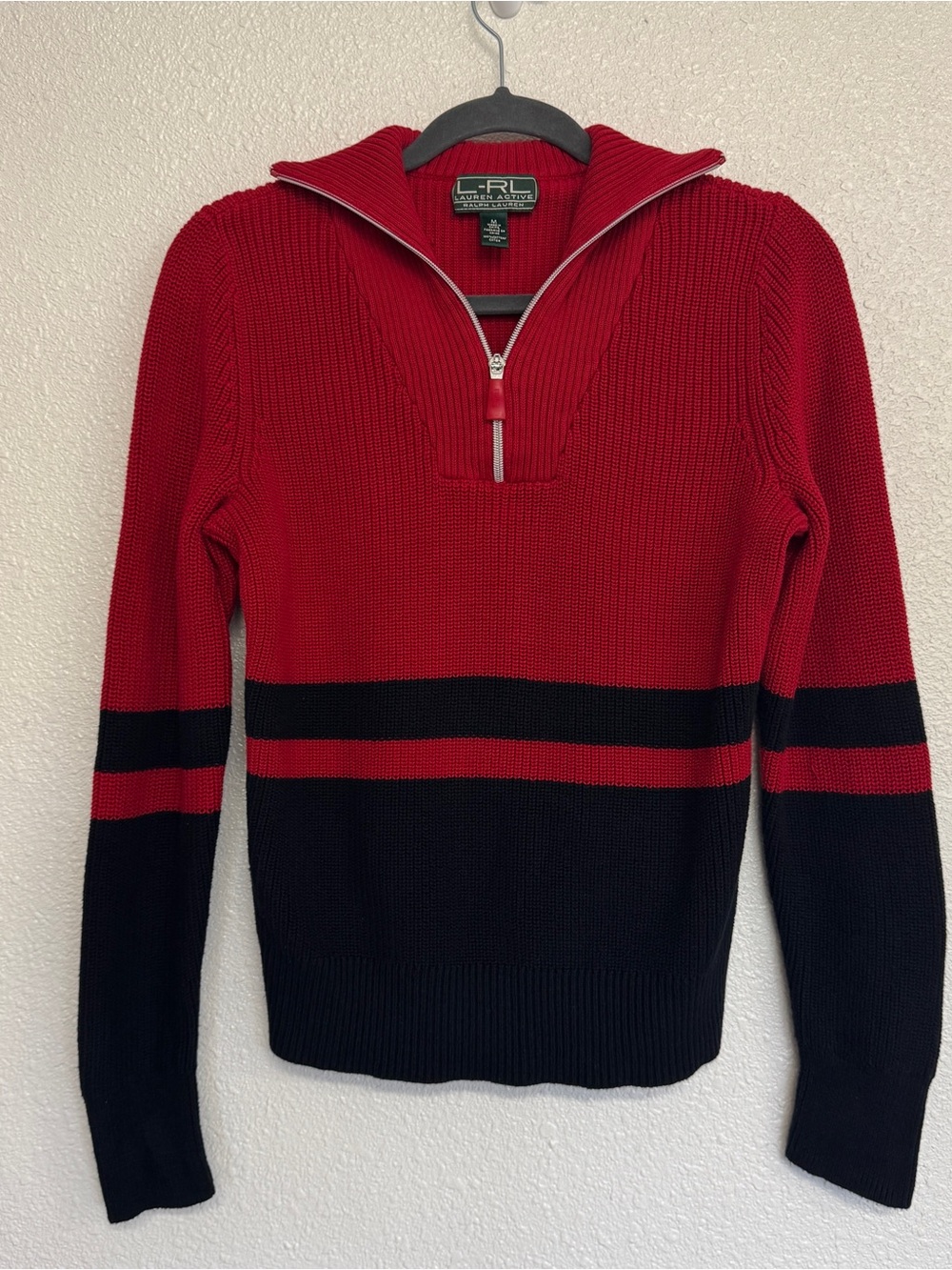 LRL Ralph Lauren Medium Red and Black Cotton‎ V Neck Stripe Knit Sweater Preppy